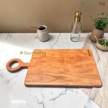 SacredFig Acacia Wood Chopping & Serving Board with Ring Handle | Wooden Cutting Board