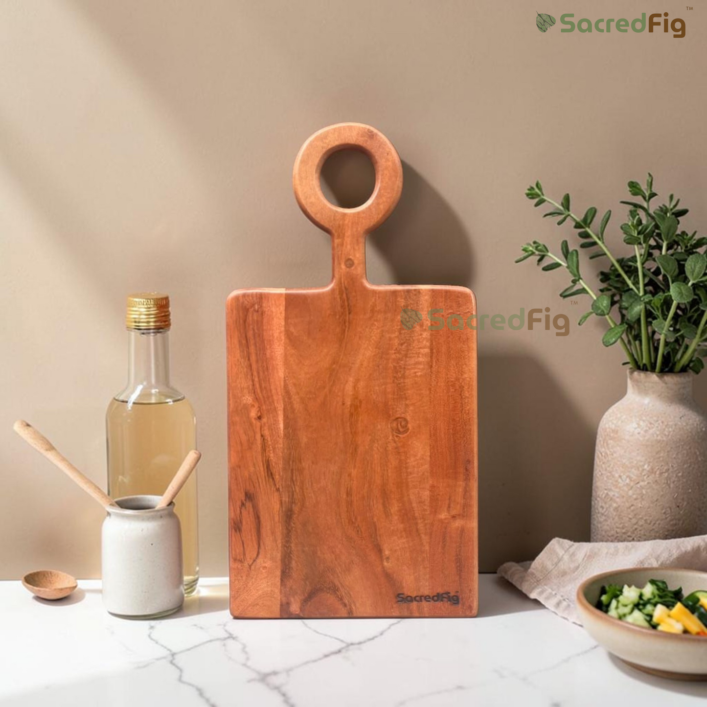 SacredFig Acacia Wood Chopping & Serving Board with Ring Handle | Wooden Cutting Board