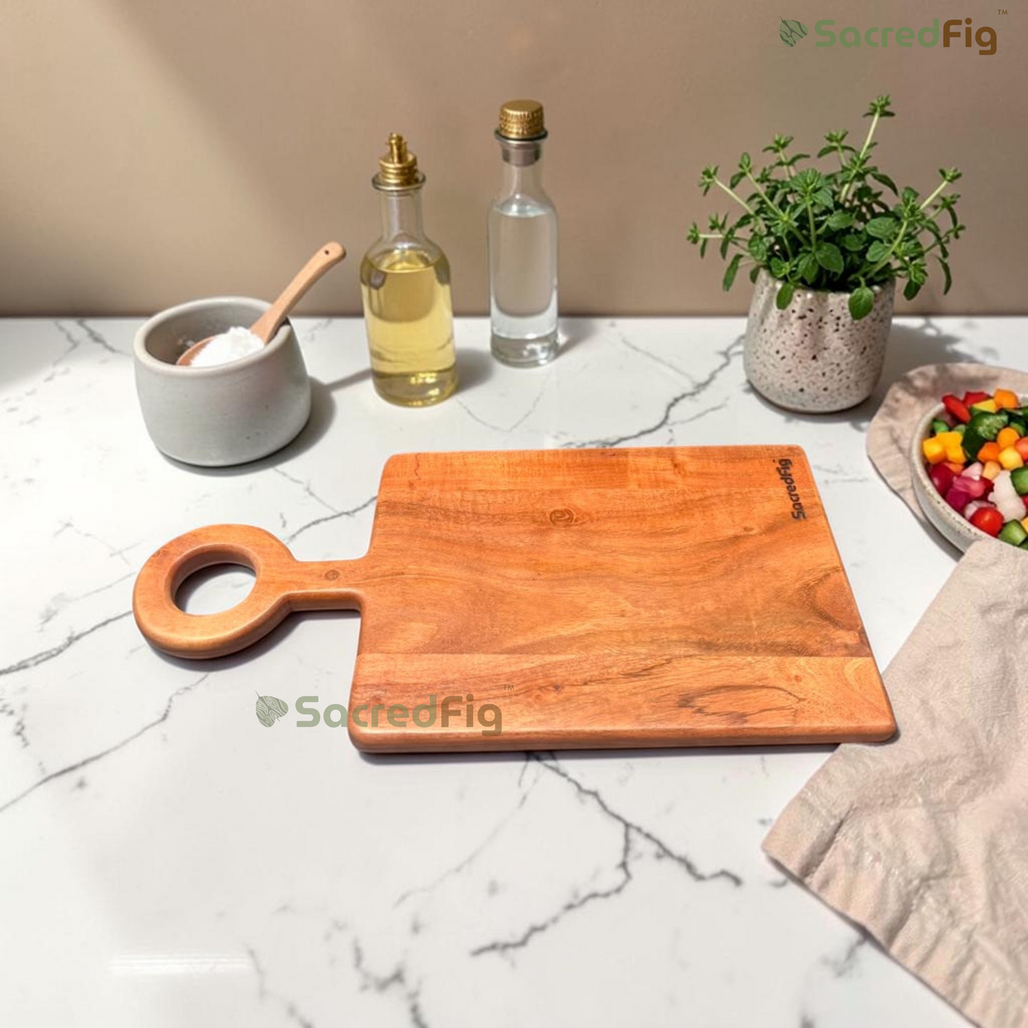 SacredFig Acacia Wood Chopping & Serving Board with Ring Handle | Wooden Cutting Board