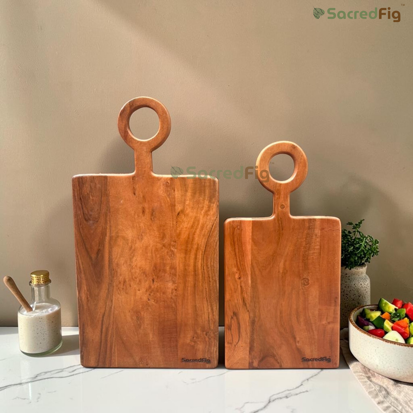 SacredFig Acacia Wood Chopping & Serving Board with Ring Handle | Wooden Cutting Board