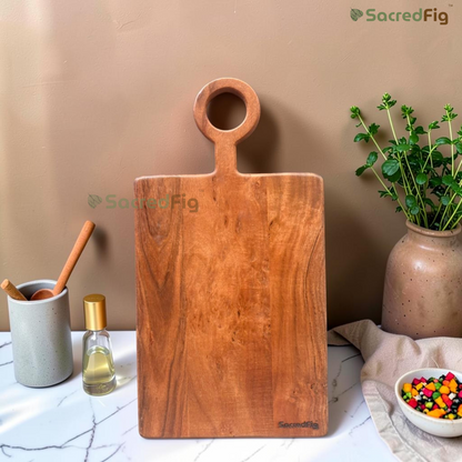 SacredFig Acacia Wood Chopping & Serving Board with Ring Handle | Wooden Cutting Board