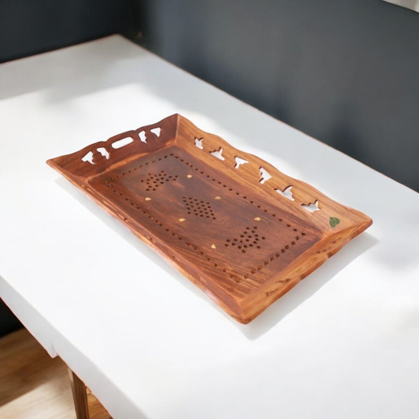 SacredFig Wooden Serving Tray | Carved Pattern (8x12in)