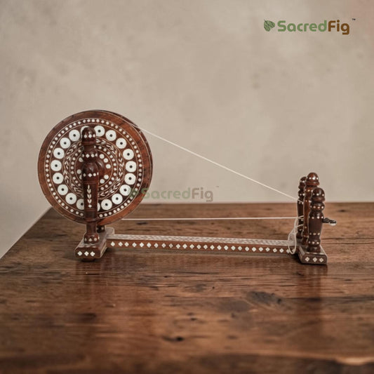 SacredFig Indian Wooden Charkha with Inlay work | 10 In (d)