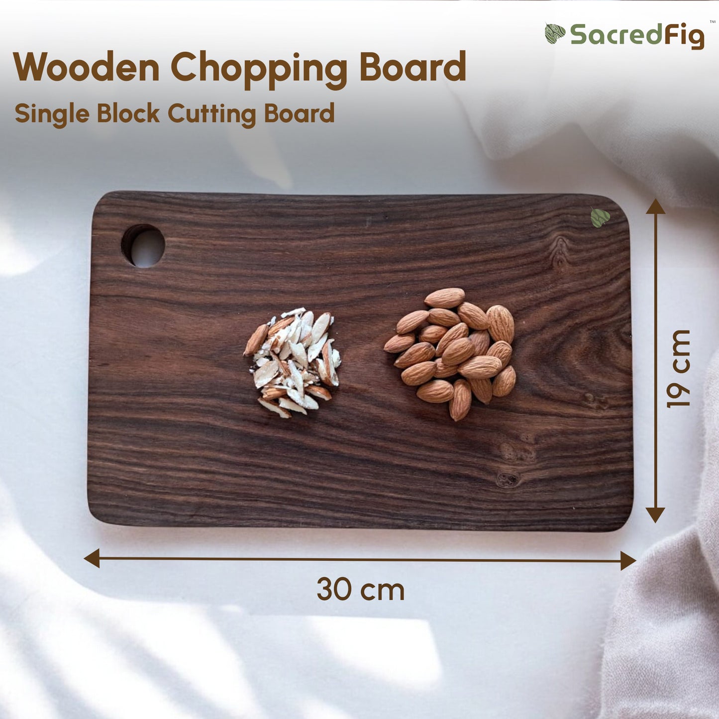 SacredFig Wooden Chopping Board for Kitchen | Solid Sheesham Wood Chopping Board | Heavy Single Block Cutting Board| 12 × 7 in