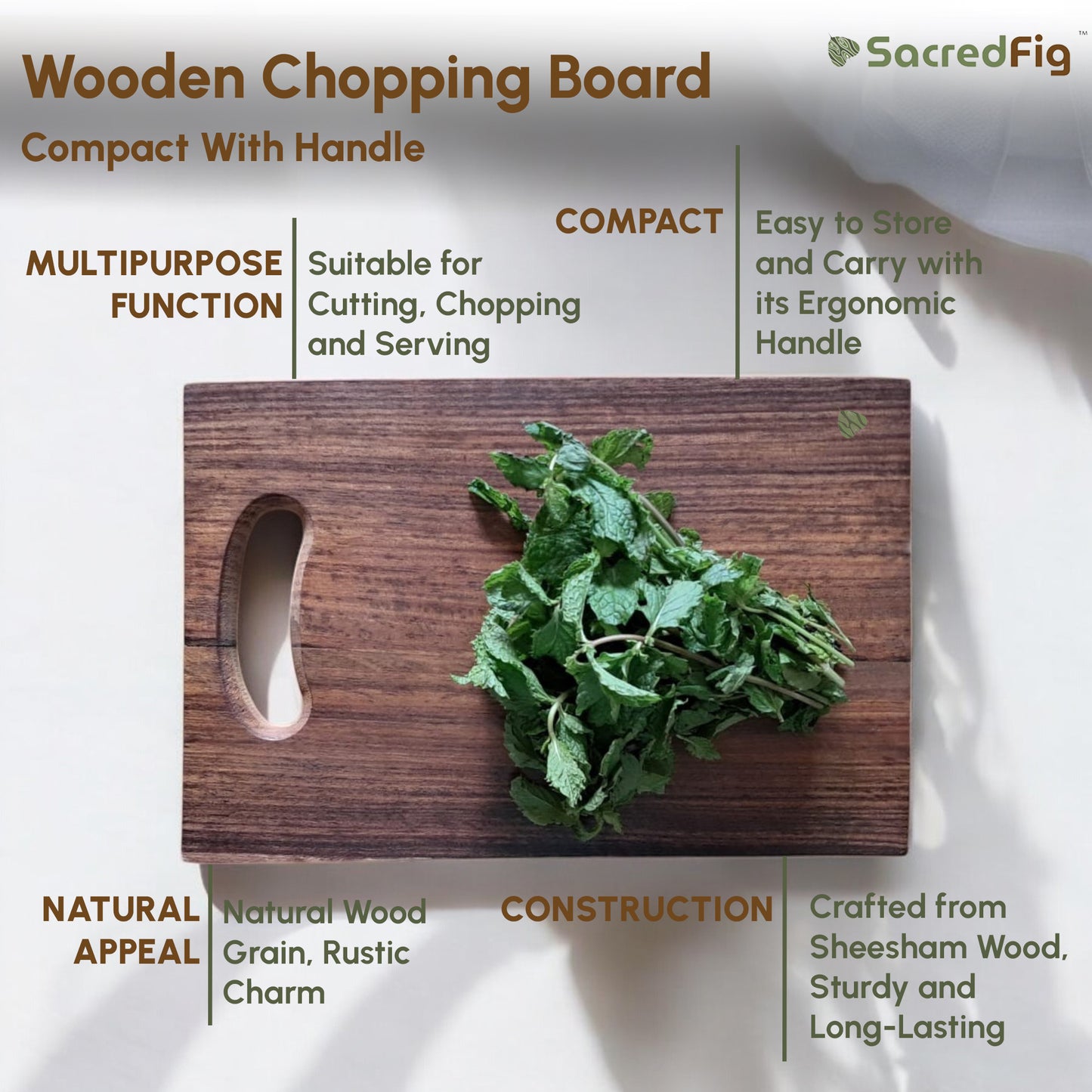 SacredFig Sheesham Wood Chopping Board | High quality solid wood chopping board | 12 × 8 in