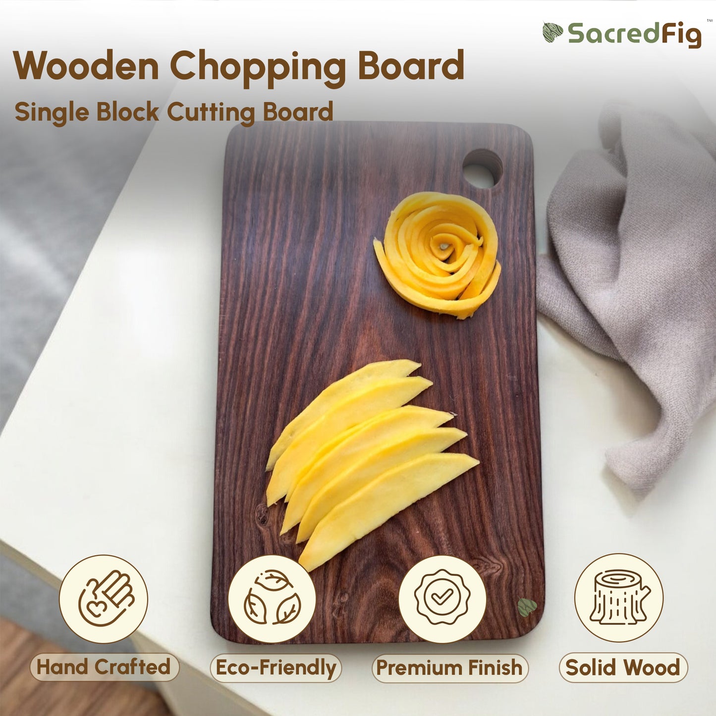 SacredFig Wooden Chopping Board for Kitchen | Solid Sheesham Wood Chopping Board | Heavy Single Block Cutting Board| 12 × 7 in