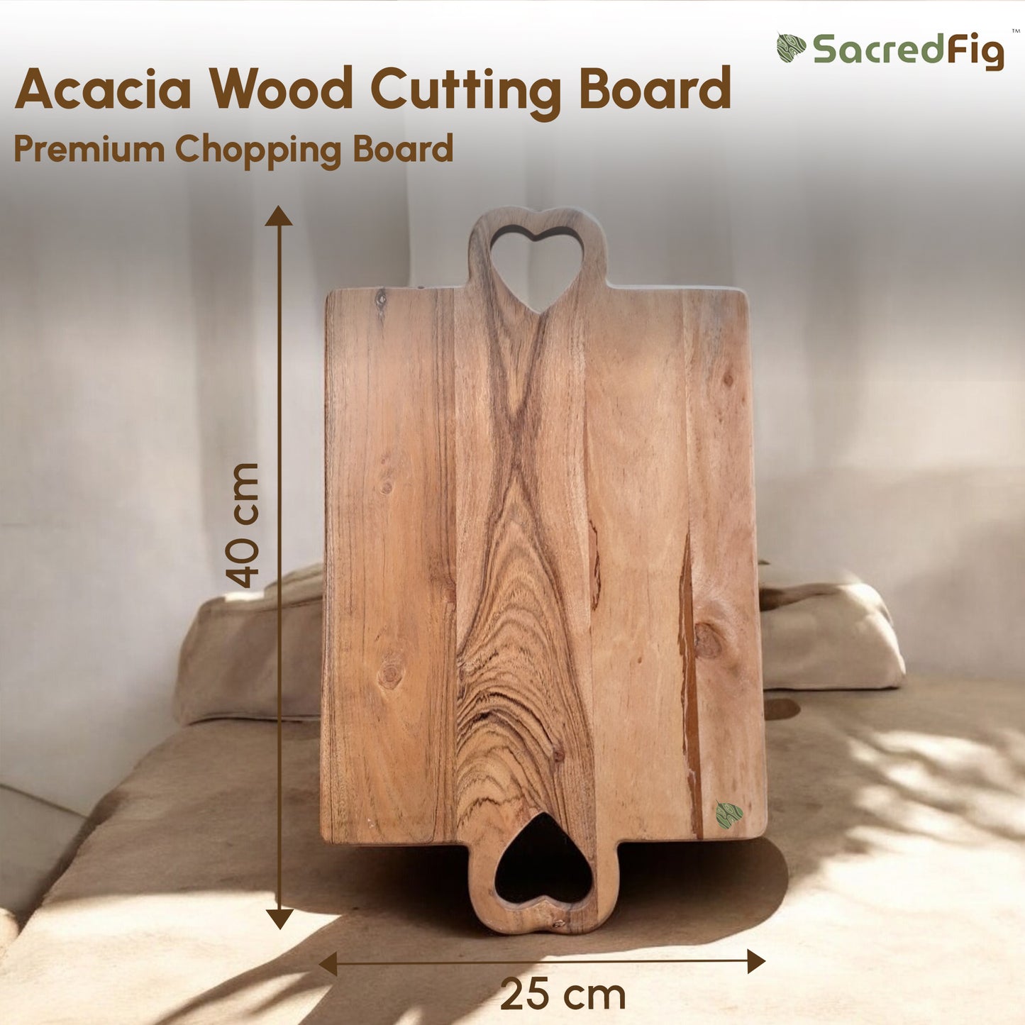 SacredFig Acacia Wood Chopping Board | High quality solid wood Cutting Board | S 16 in | L 19 in