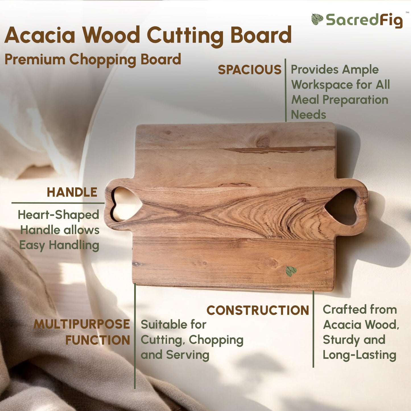 SacredFig Acacia Wood Chopping Board | High quality solid wood Cutting Board | S 16 in | L 19 in