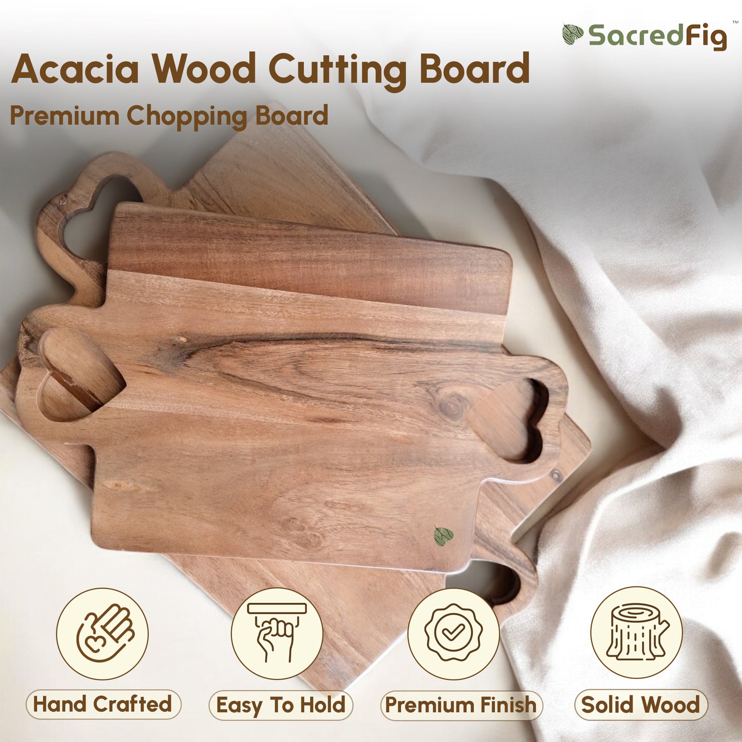 SacredFig Acacia Wood Chopping Board | High quality solid wood Cutting Board | S 16 in | L 19 in