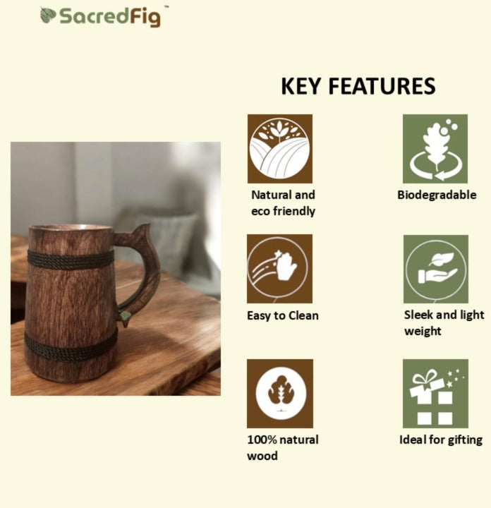 SacredFig Wooden Mug – 300ml | Handcrafted with Black Round Design | Elegant Matte Finish