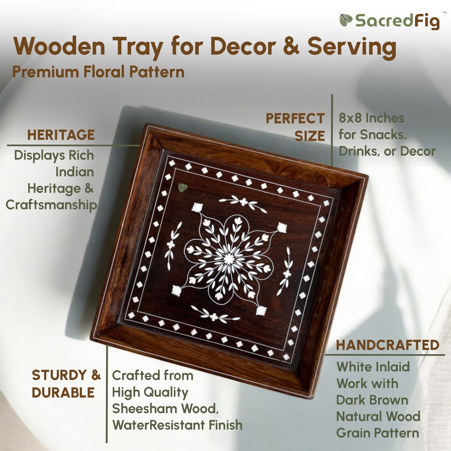 Wooden Tray for Decor & Serving | Premium Decor Floral Pattern | S, M sizes