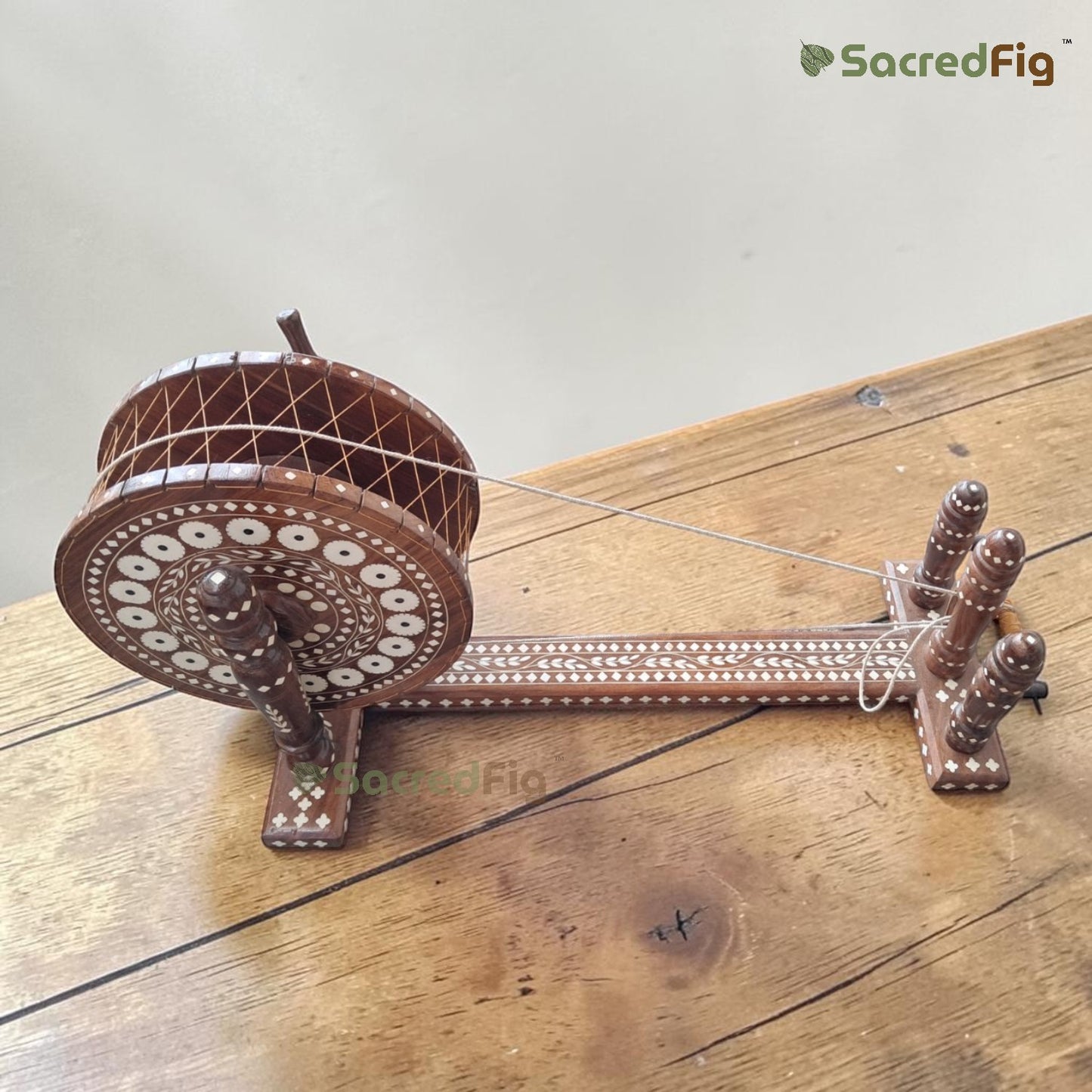 SacredFig Indian Wooden Charkha with Inlay work | 10 In (d)