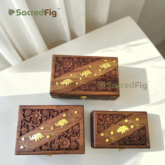 SacredFig Sheesham Wood Gift Box | Elephant Carving Design | Handcrafted Storage Box