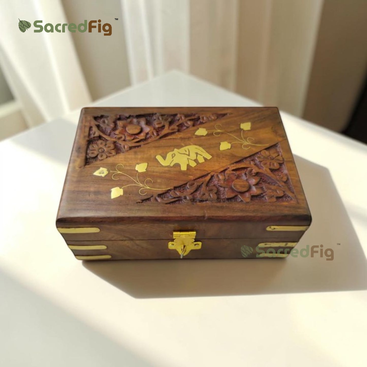 SacredFig Sheesham Wood Gift Box | Elephant Carving Design | Handcrafted Storage Box