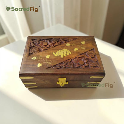 SacredFig Sheesham Wood Gift Box | Elephant Carving Design | Handcrafted Storage Box