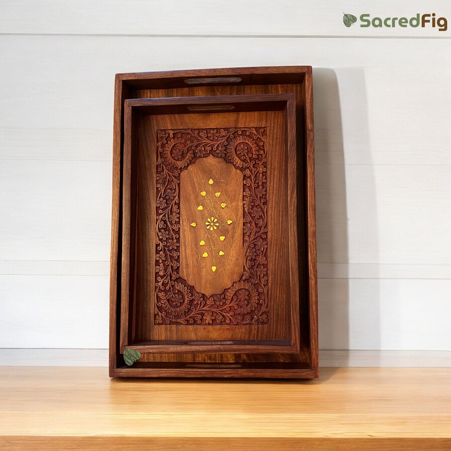 SacredFig Rectangular Wooden Tray| Inlaid Intricate Work Trays| 3 Variant Flat Tray | S 12 × 8 in | M 15 × 10 in | L 18×12 in