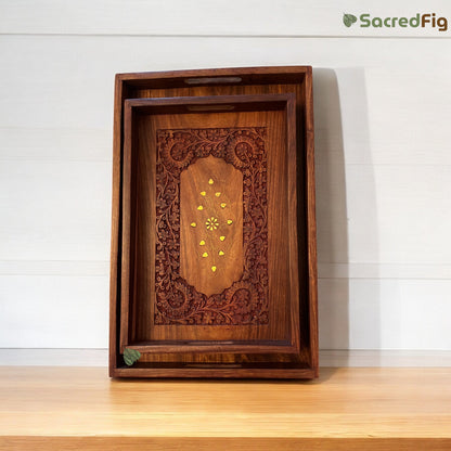 SacredFig Rectangular Wooden Tray| Inlaid Intricate Work Trays| 3 Variant Flat Tray | S 12 × 8 in | M 15 × 10 in | L 18×12 in