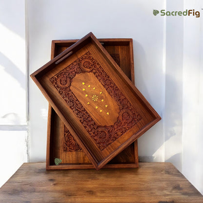 SacredFig Rectangular Wooden Tray| Inlaid Intricate Work Trays| 3 Variant Flat Tray | S 12 × 8 in | M 15 × 10 in | L 18×12 in