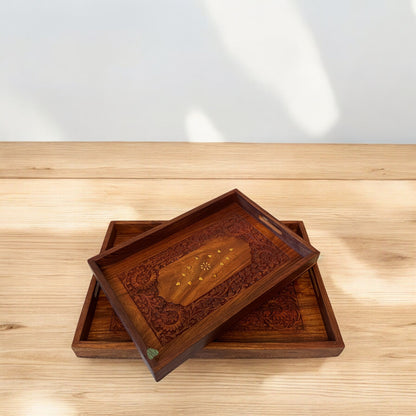 SacredFig Rectangular Wooden Tray| Inlaid Intricate Work Trays| 3 Variant Flat Tray | S 12 × 8 in | M 15 × 10 in | L 18×12 in