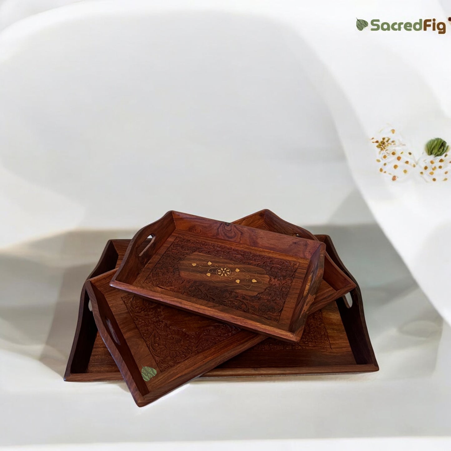 SacredFig Wooden Serving Tray| Rectangular Inlaid work Tray| S,M,L Sizes