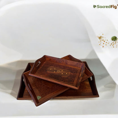 SacredFig Wooden Serving Tray| Rectangular Inlaid work Tray| S,M,L Sizes
