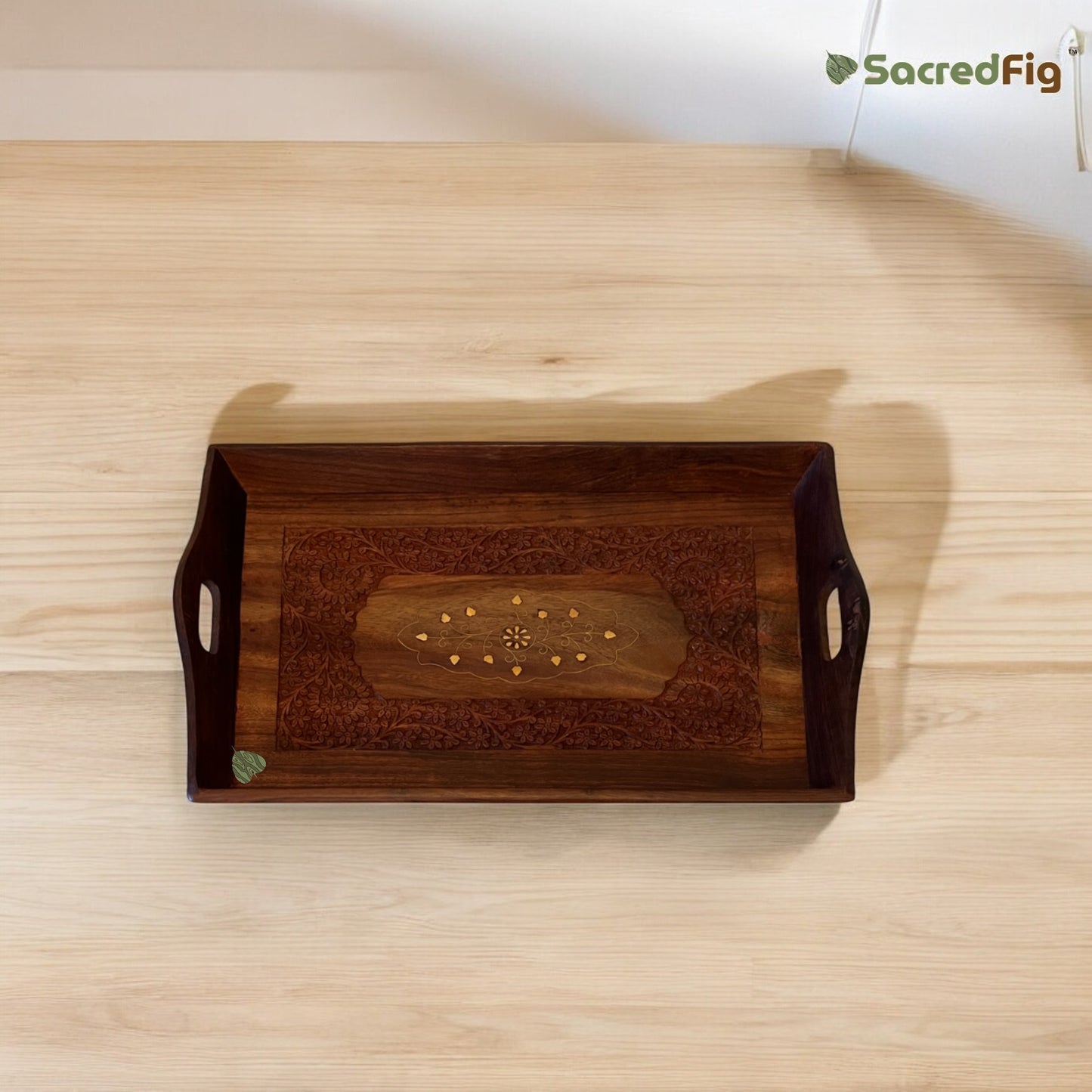 SacredFig Wooden Serving Tray| Rectangular Inlaid work Tray| S,M,L Sizes