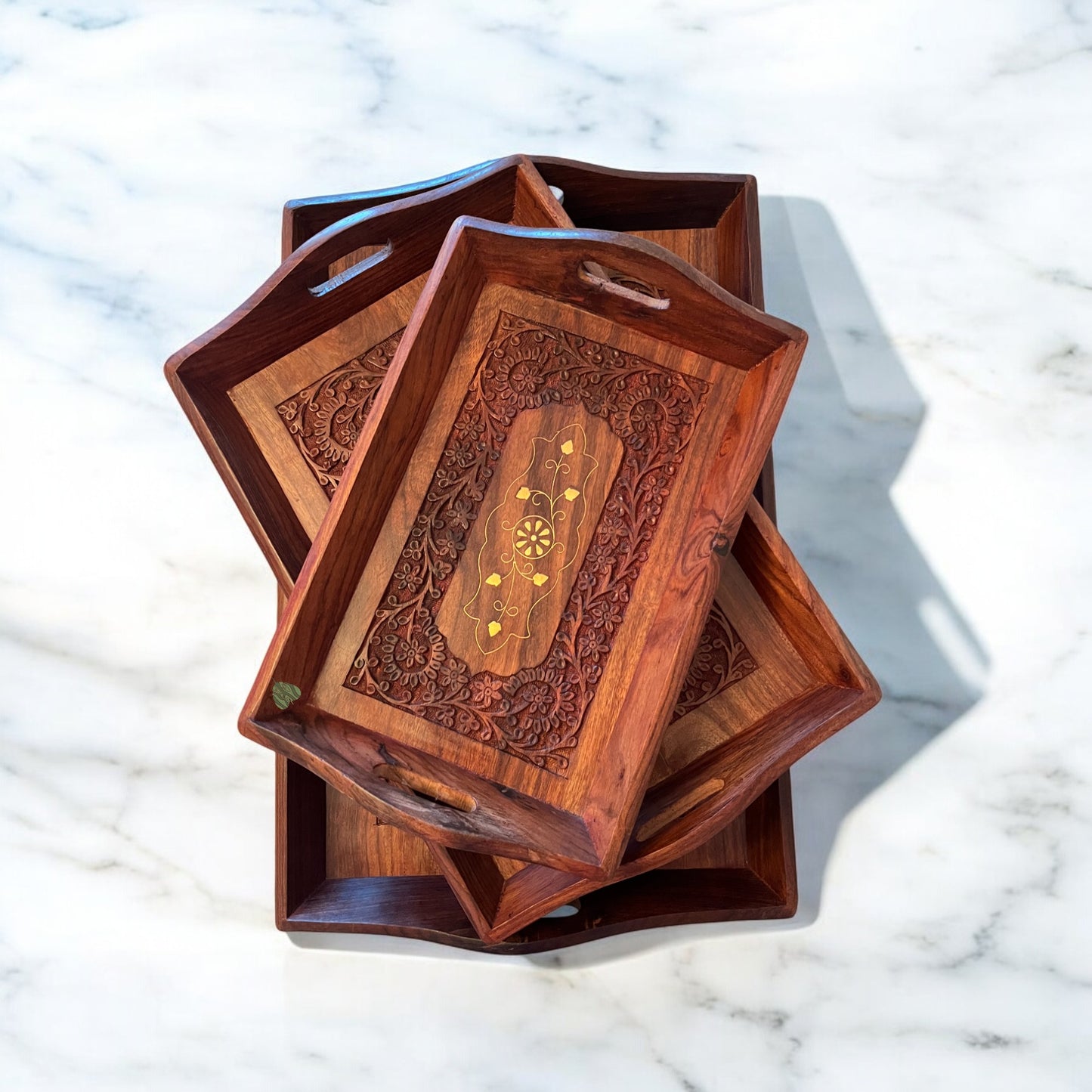 SacredFig Wooden Serving Tray| Rectangular Inlaid work Tray| S,M,L Sizes