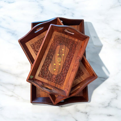 SacredFig Wooden Serving Tray| Rectangular Inlaid work Tray| S,M,L Sizes