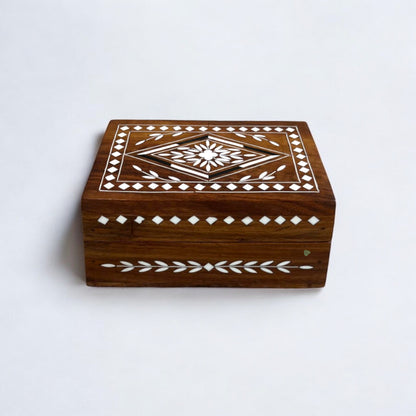 Wooden Inlay Work Gift Box in Geometric Diamond Pattern | 6×4 in