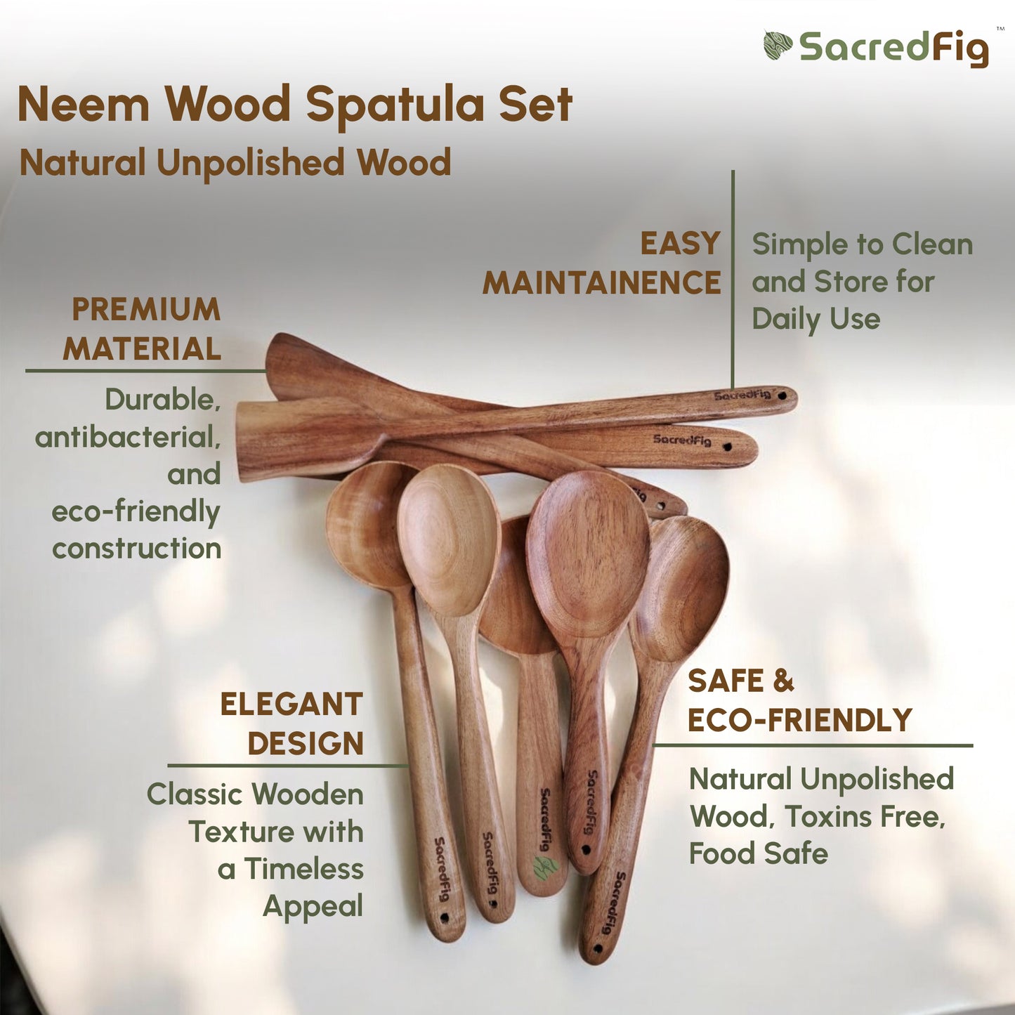 SacredFig Wooden Spatula Set| Neem Wood Set | Set of 8