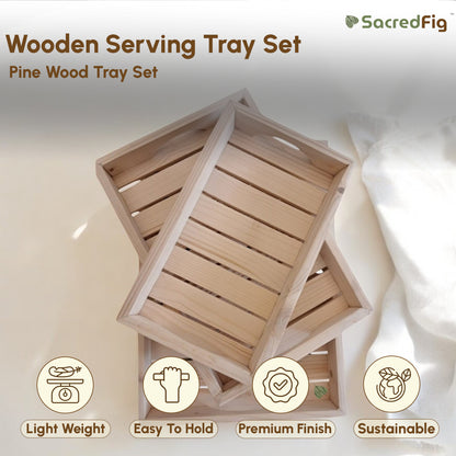 SacredFig Wooden Pine Tray Set| Serving Tray Set (Pack of 3 Trays)