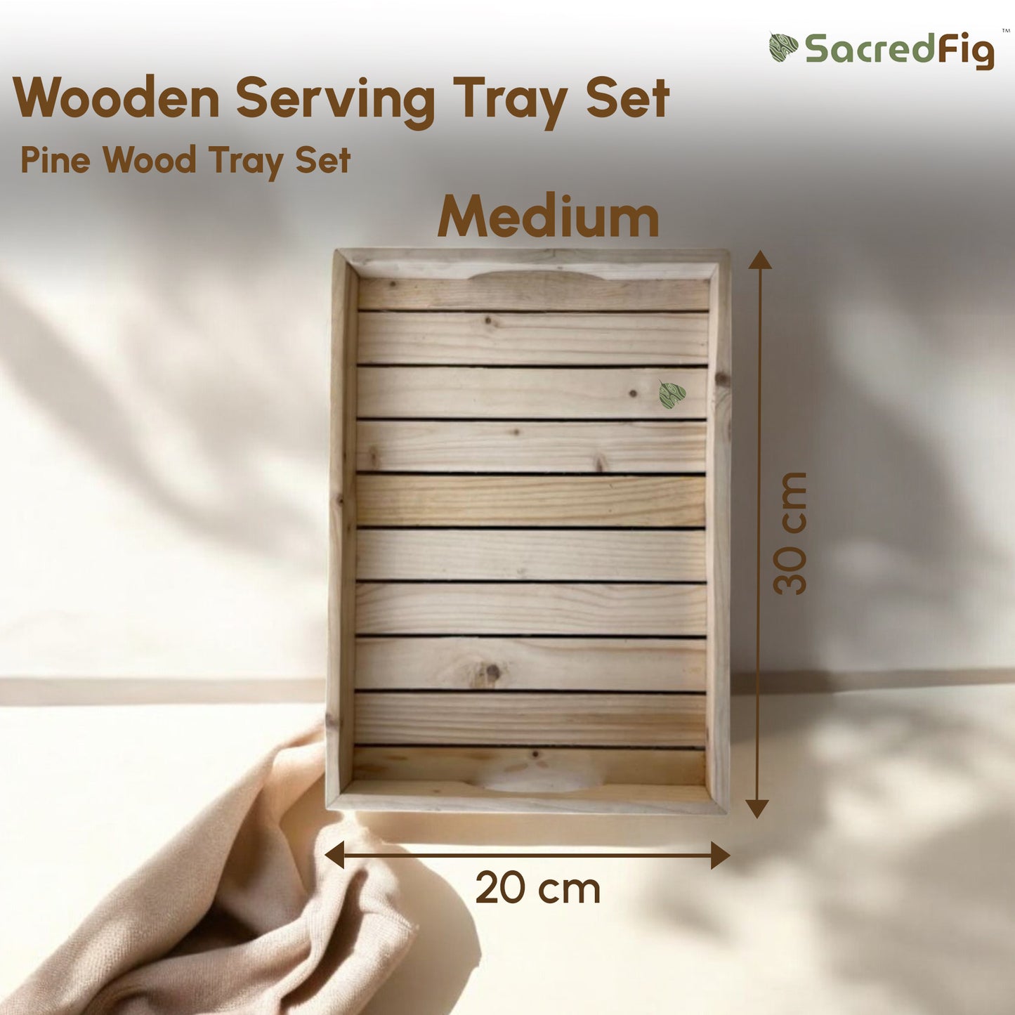 SacredFig Wooden Pine Tray Set| Serving Tray Set (Pack of 3 Trays)