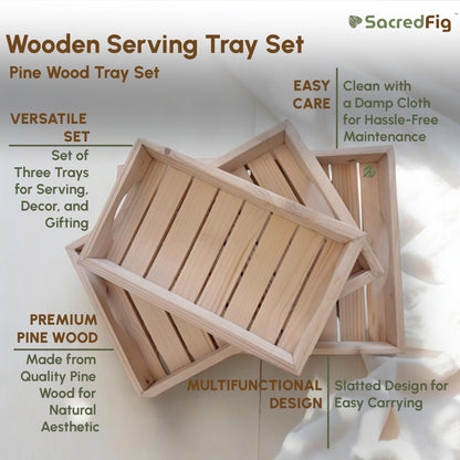 SacredFig Wooden Pine Tray Set| Serving Tray Set (Pack of 3 Trays)