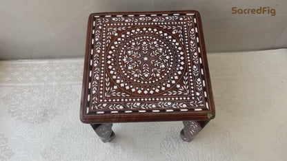 SacredFig Premium Wooden Decorative Square Table with Floral Design , 12 in