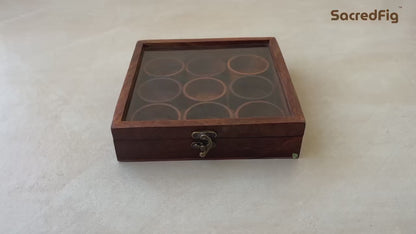 SacredFig Sheesham Wood Premium Storage Box | 9 removable round compartments | Multipurpose Storage Box | 8×8 in