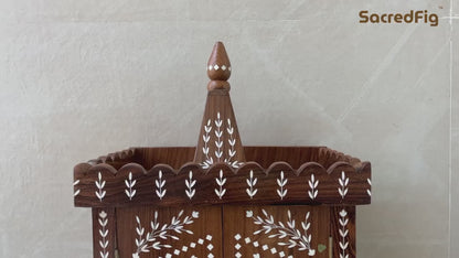 Wooden Mandir with Intricate Leafy Inlaid design | Premium Decor by SacredFig | 22 × 13 in