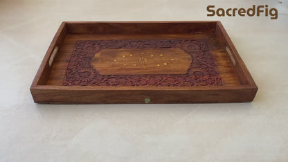 SacredFig Rectangular Wooden Tray| Inlaid Intricate Work Trays| 3 Variant Flat Tray | S 12 × 8 in | M 15 × 10 in | L 18×12 in
