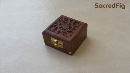 Wooden Jewelry Box with Floral Carving | Square Storage Box for Keepsakes & Gifting | 3×3 in