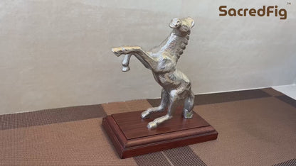 SacredFig Handcrafted Jumping Horse Metal Showpiece with Wooden Base –  7 In Silver Polish Decorative Figurine