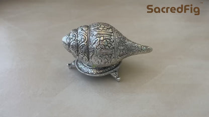 Silver colored Shankh | Engraved with Lord Ganesha | 7 in