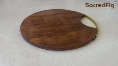 SacredFig Premium Cutting Board & Serving Platter, Made in Sheesham Wood, Golden Handle - 12 in (d)