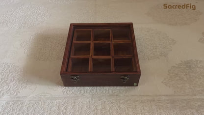 Sheesham Wood Masala Box Large 10x10 in | Removable 9 compartments | Handcrafted Large Wooden Spice Box