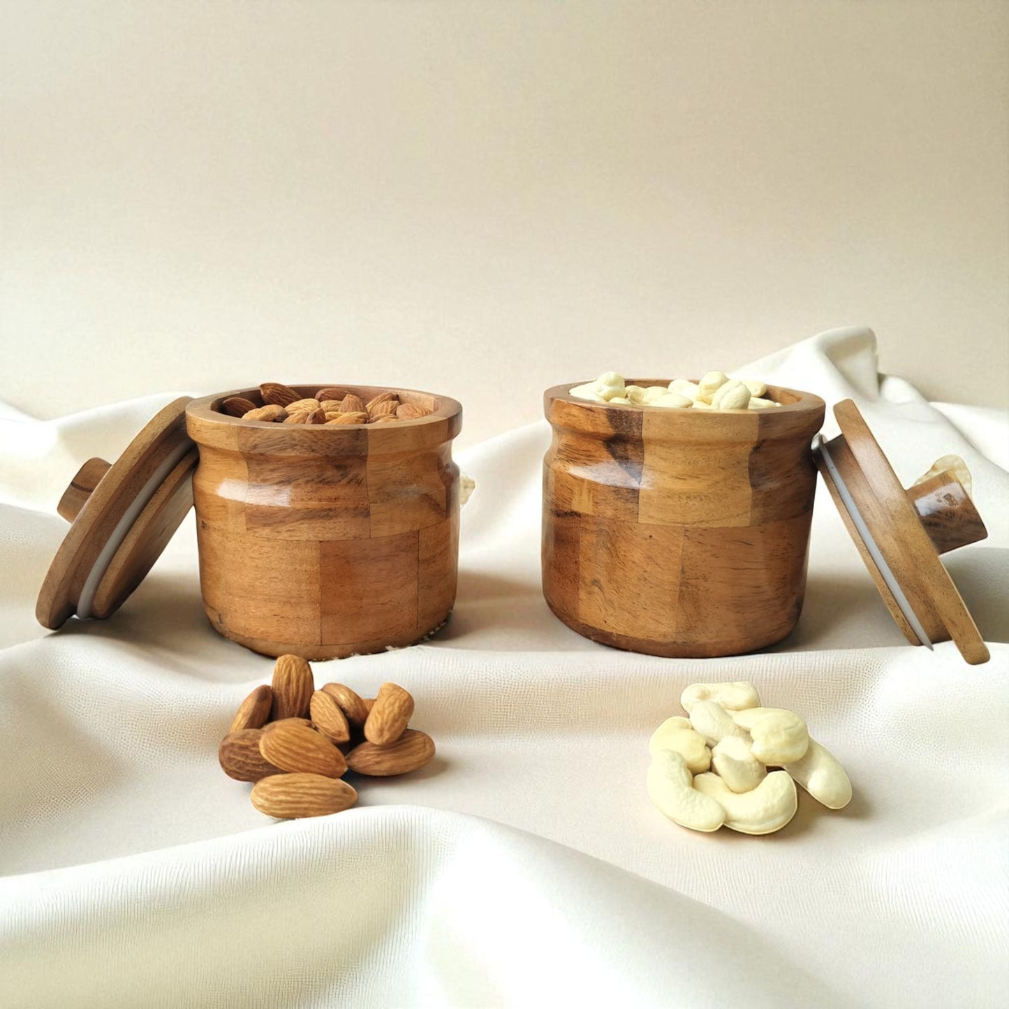 SacredFig Acacia Wooden Jar Set – Set of 2 | Airtight Lid | Handcrafted Storage for Dry Fruits, Snacks & Treats