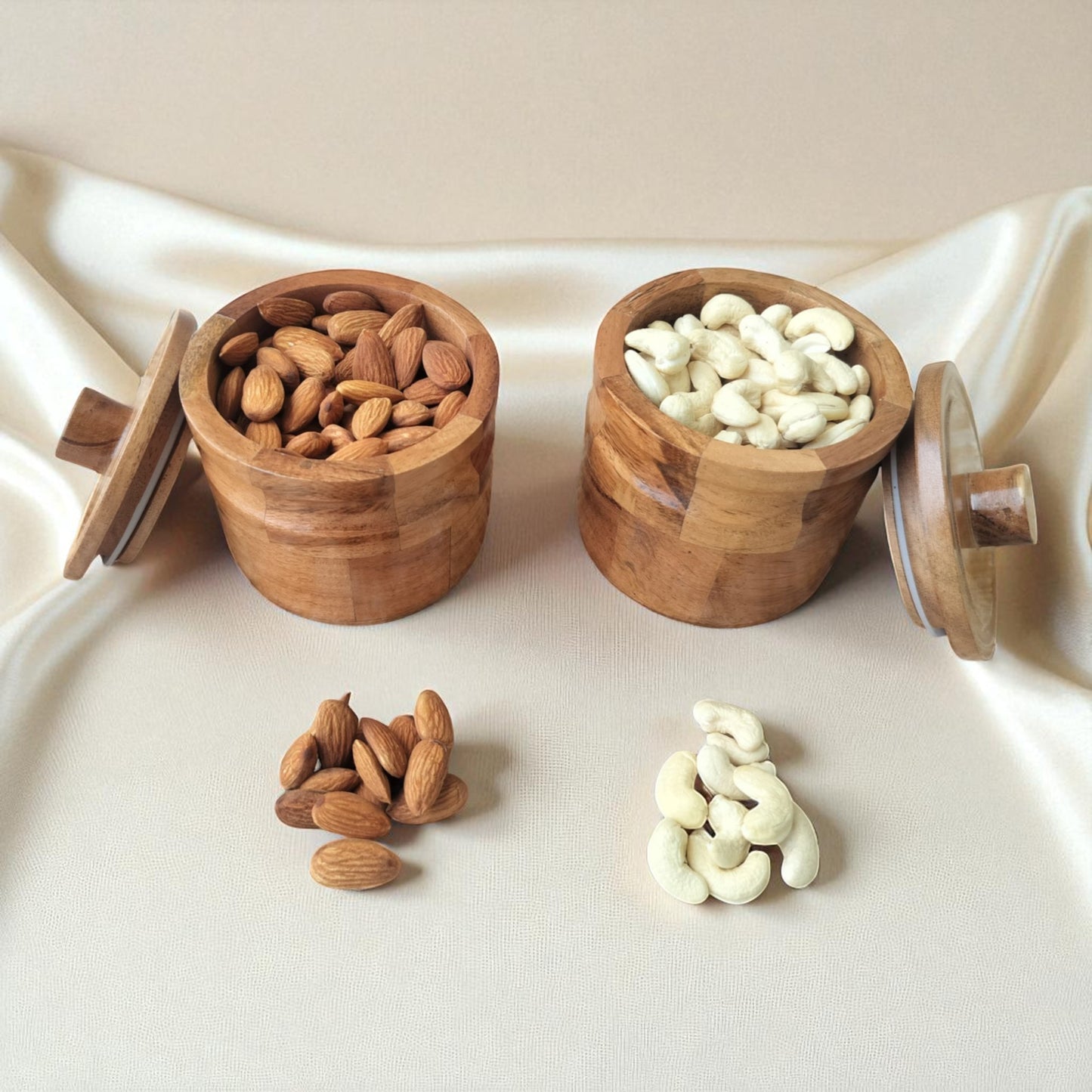 SacredFig Acacia Wooden Jar Set – Set of 2 | Airtight Lid | Handcrafted Storage for Dry Fruits, Snacks & Treats
