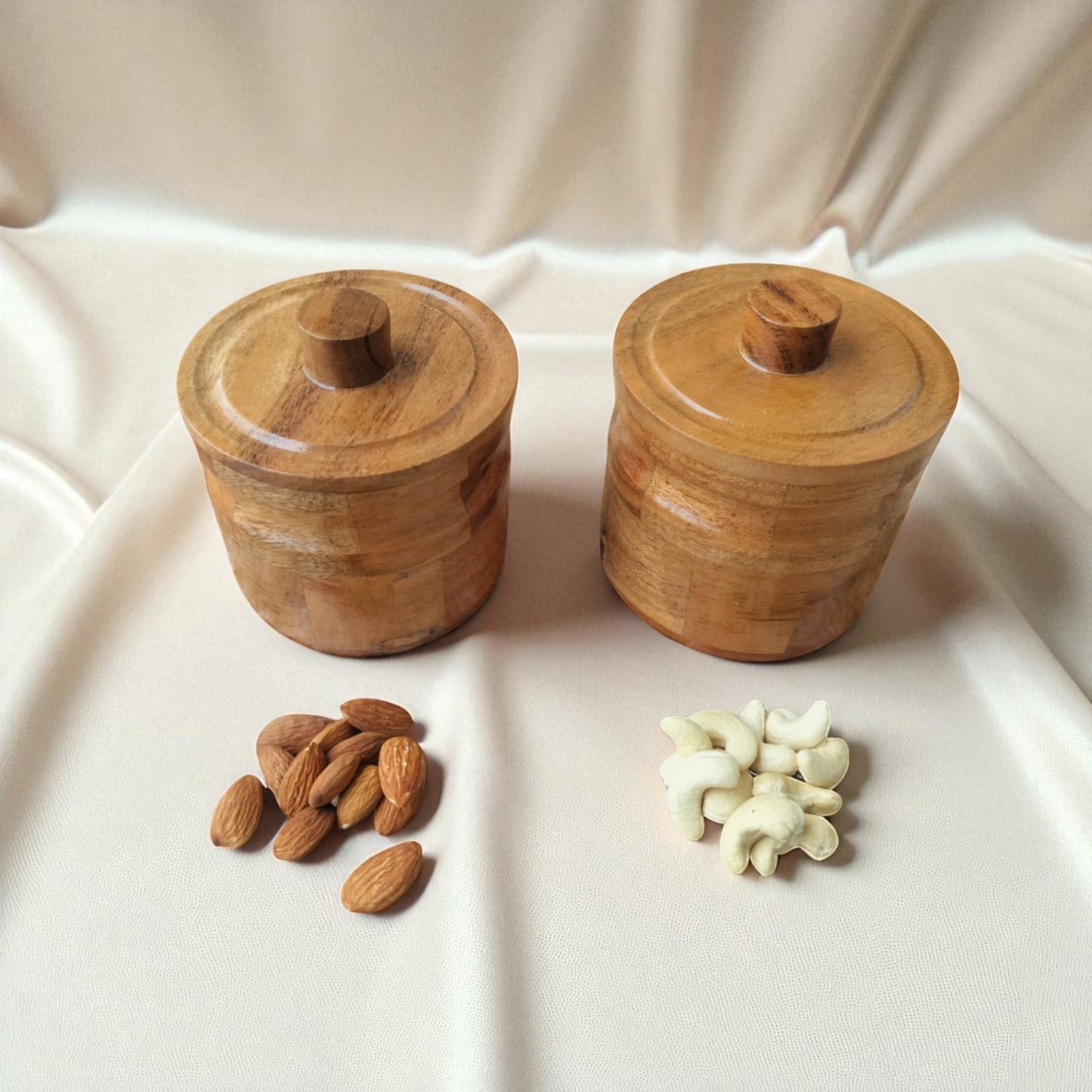 SacredFig Acacia Wooden Jar Set – Set of 2 | Airtight Lid | Handcrafted Storage for Dry Fruits, Snacks & Treats