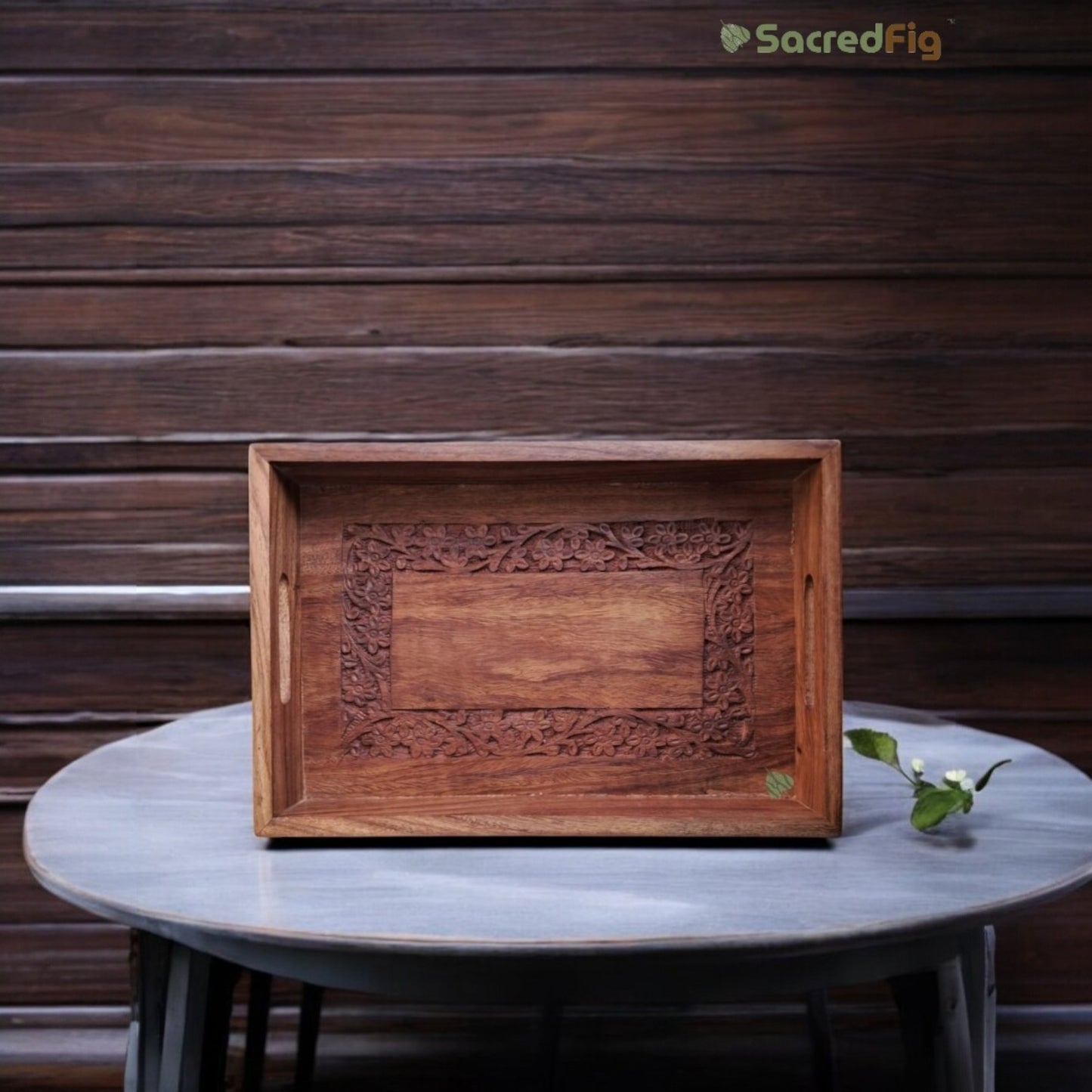 SacredFig Serving Tray| Rectangular Wood Carving Tray| Great for Serving Drinks and Snacks| 12 × 8 in