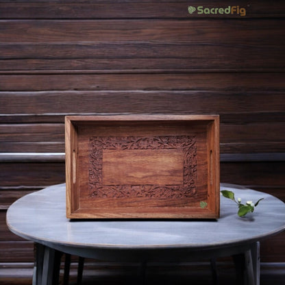 SacredFig Serving Tray| Rectangular Wood Carving Tray| Great for Serving Drinks and Snacks| 12 × 8 in