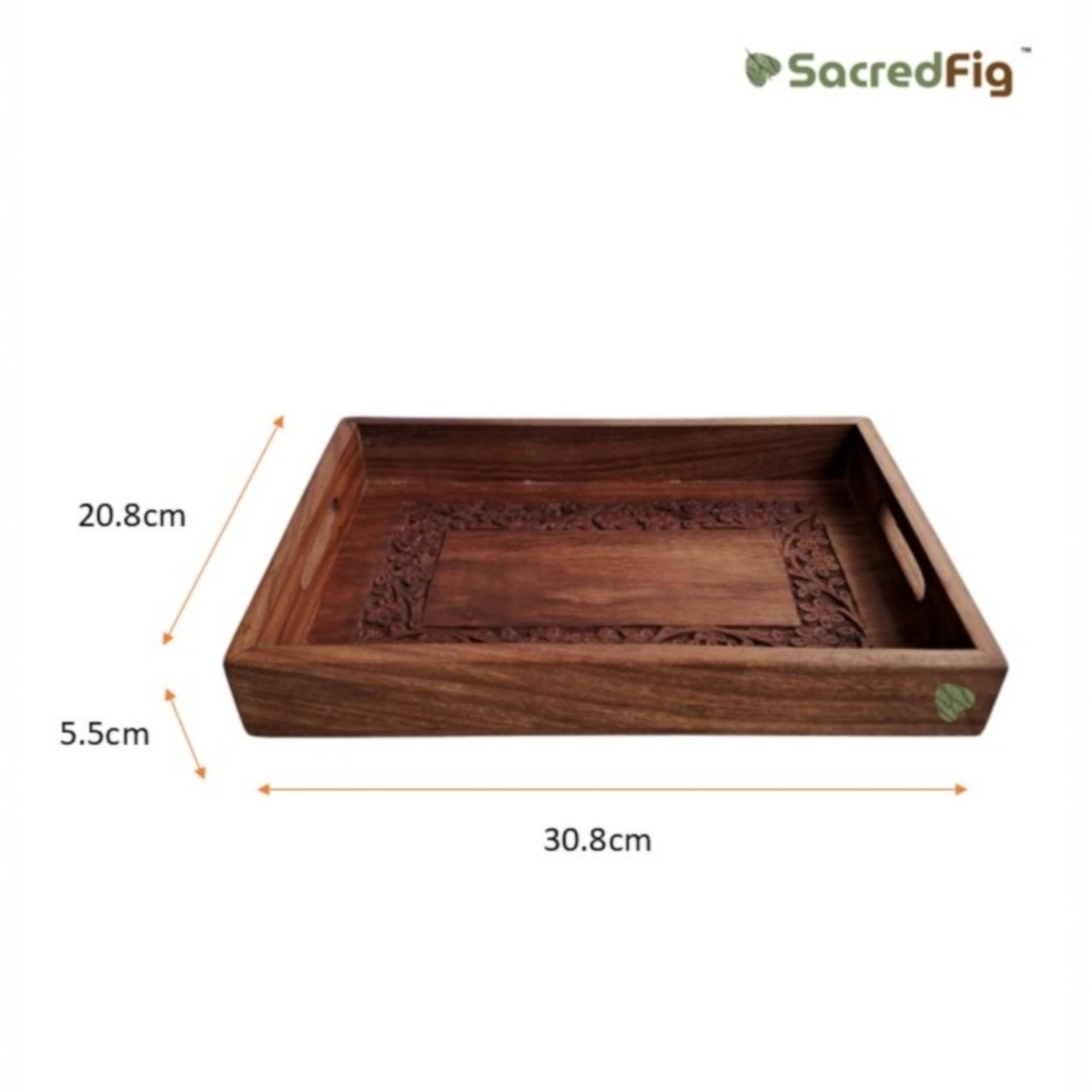 SacredFig Serving Tray| Rectangular Wood Carving Tray| Great for Serving Drinks and Snacks| 12 × 8 in