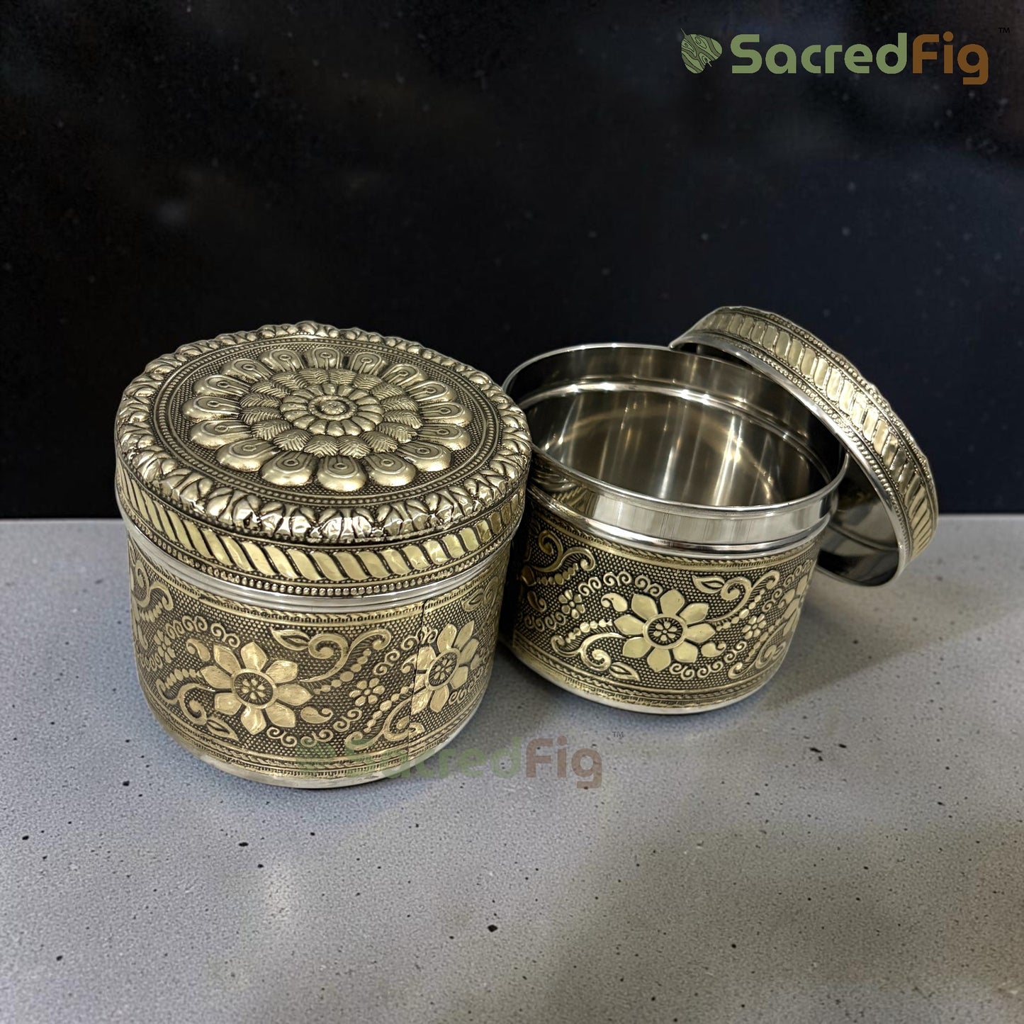 SacredFig Stainless Steal Retro Jar - Set of 2 | Elegant Floral Storage Container | Perfect for Gifting & Home Organisation