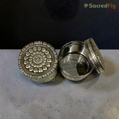 SacredFig Stainless Steal Retro Jar - Set of 2 | Elegant Floral Storage Container | Perfect for Gifting & Home Organisation